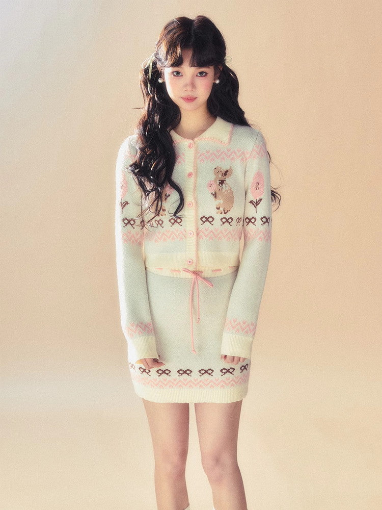 Set-Up Knit Retro Rabbit Ribbon Cardigan＆Mini-Skirt