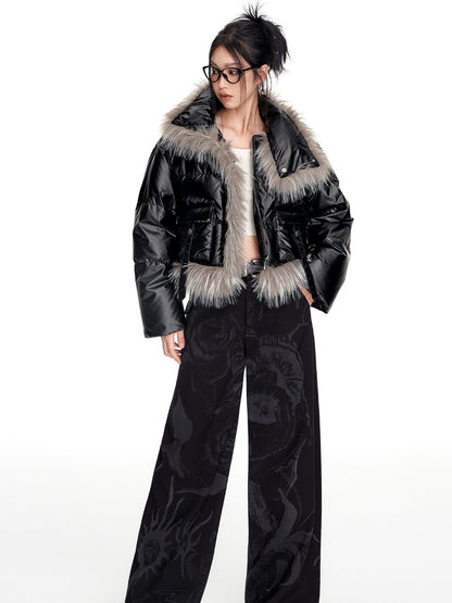 Volume-Fur Plain High-End Smooth Short Stand-Collar Dowm-Jacket