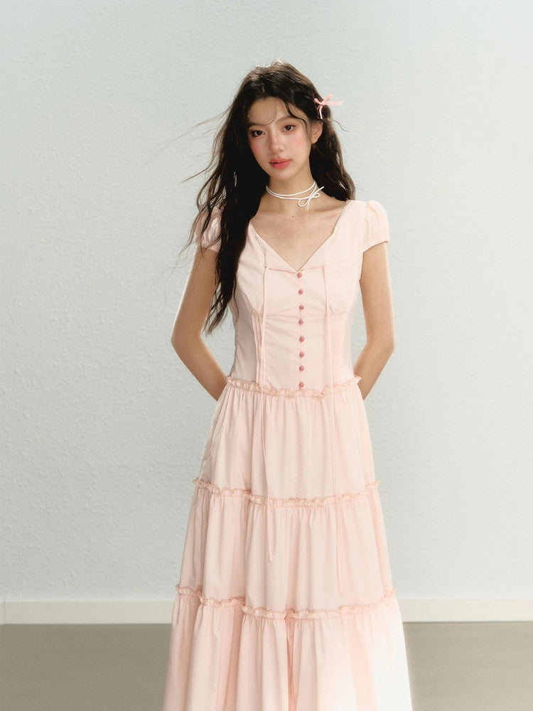 Tiered Ribbon Frill Giryl Long Dress