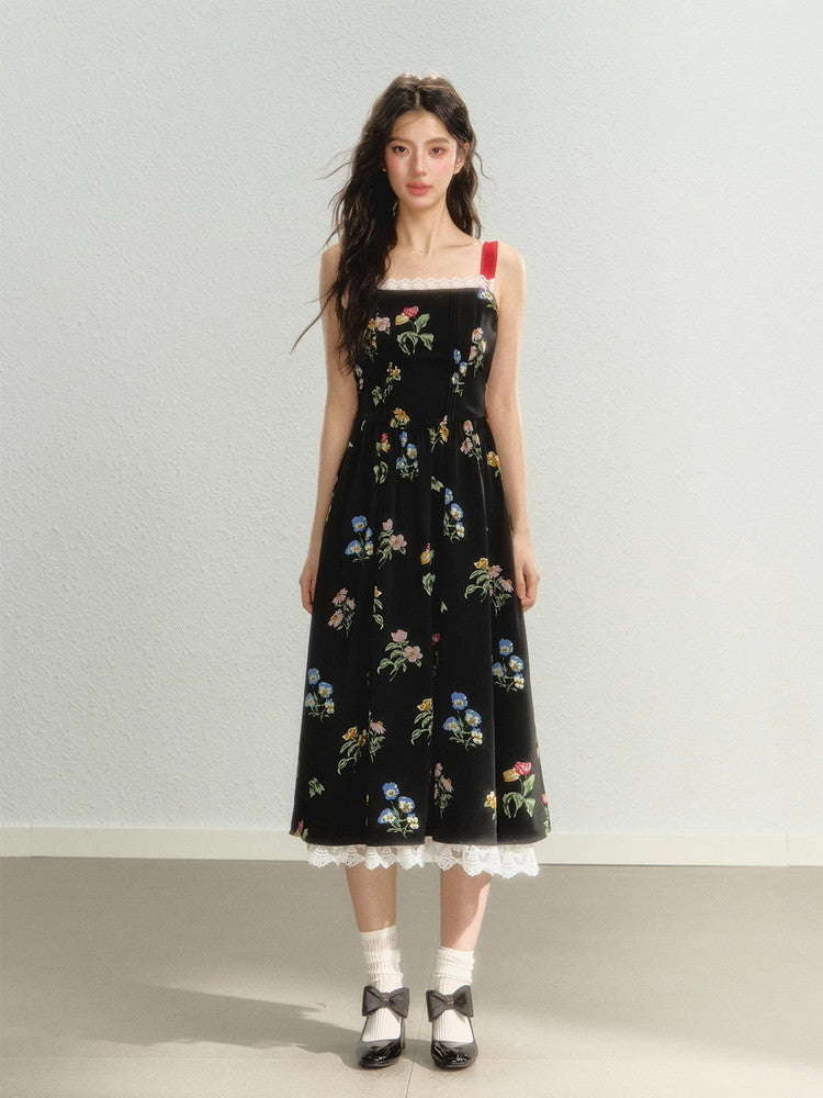 Shoulder-Ribbon Long Flower Lace Feminine Dress