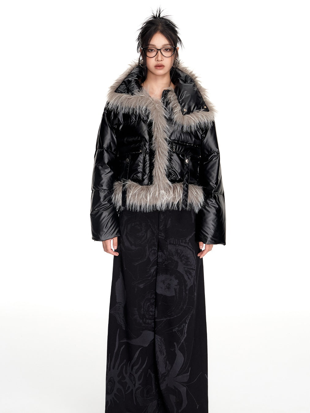 Volume-Fur Plain High-End Smooth Short Stand-Collar Dowm-Jacket