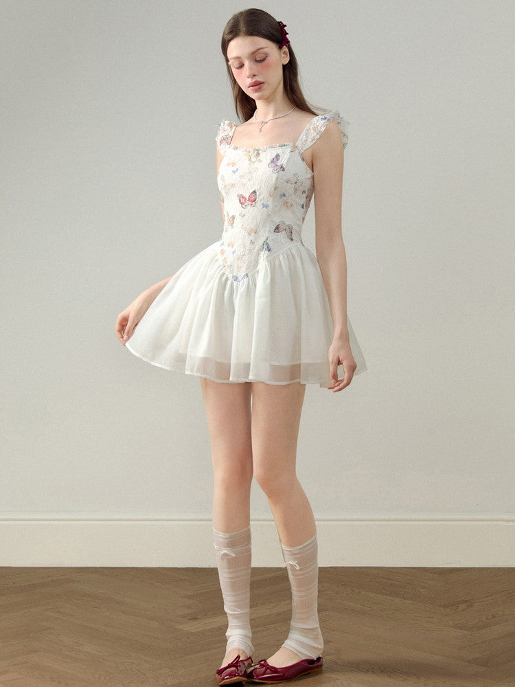 Embroidery Butterfly Lace Ribbon Ciffon Ceminine Fluffily Short Dress