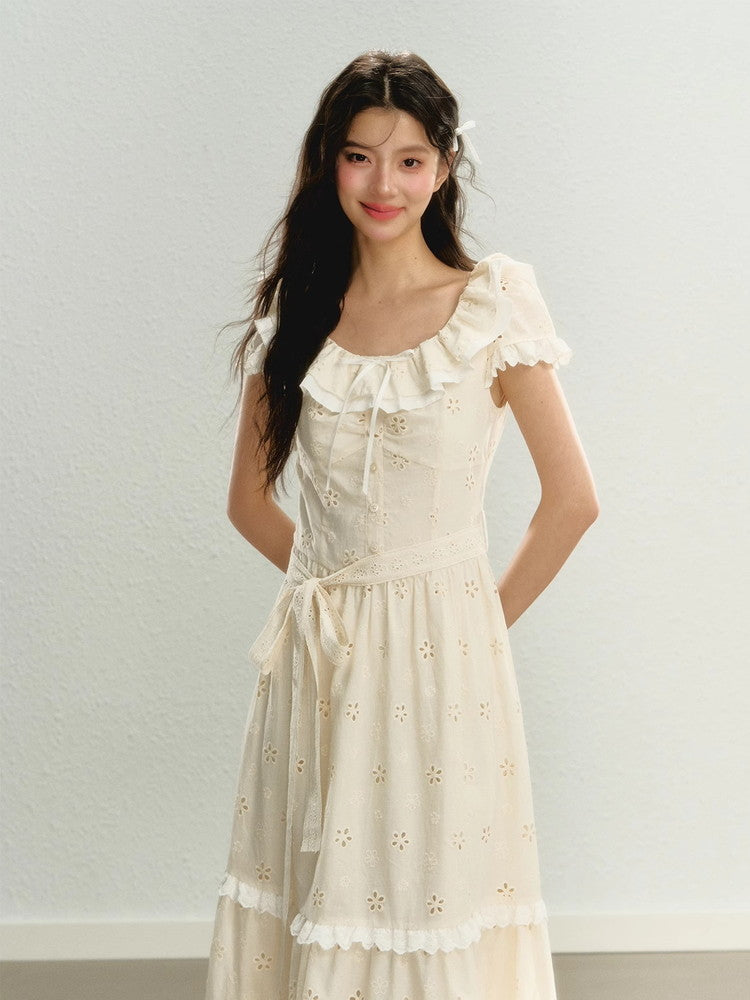 Punching Flower Frill Tiered Girly Long Dress