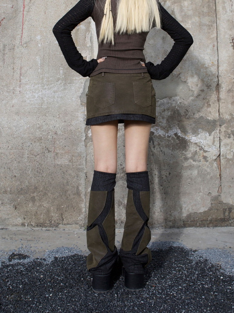 Gothic Lace-Up Mix Leather Casual Mini-Skirt＆Leg-Warmer