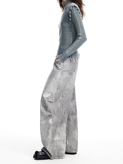 Denim Vintage Crush Pale Loose Damege Wide-Pants