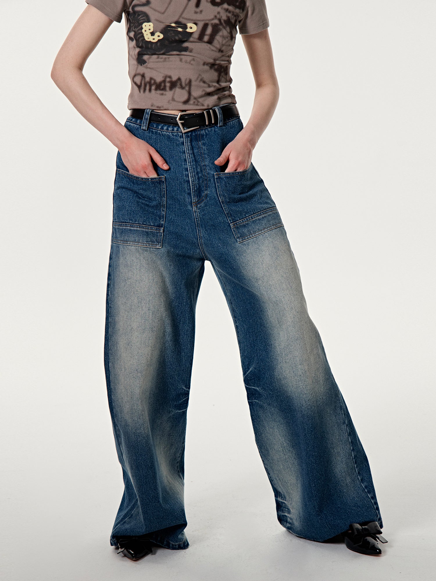 Faded Denim Wide-Leg Casual Pants