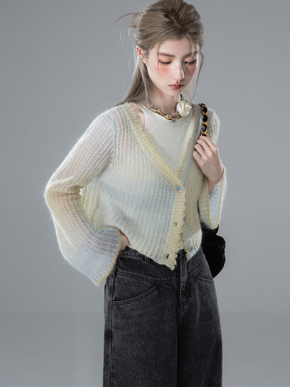 Flare-Sleeve V-Neck Short Sheer Mohair-Knit Cardigan