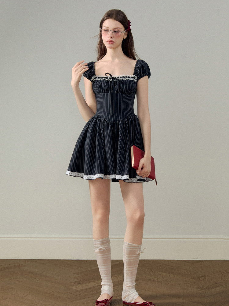 Stripe Square-Neck Puff-Sleeve Lace Girly Flare Dress