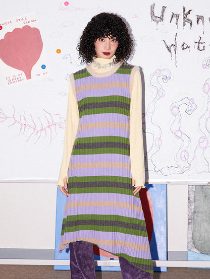 Border Asymmetry Colorful Round-Neck Knit One-Piece