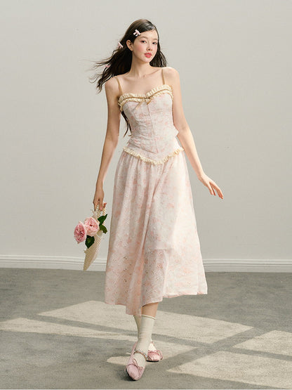 Set-Up Flower Feminine Cute Frill Camisole Bustier＆Long-Skirt