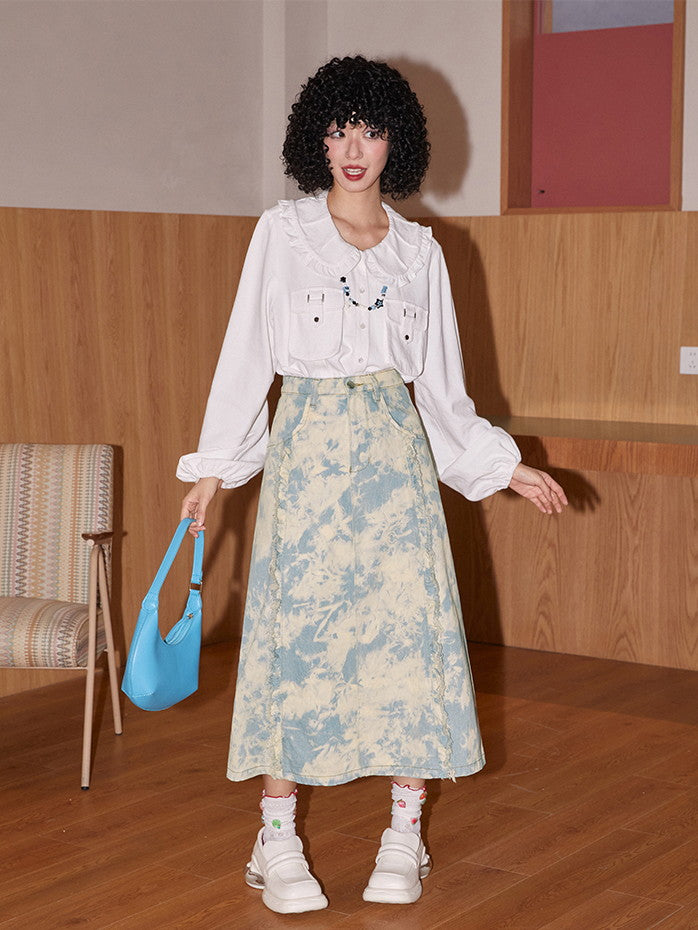 Tie-Dye Denim Cut-Off Casual Sky Long-Skirt - Main Image