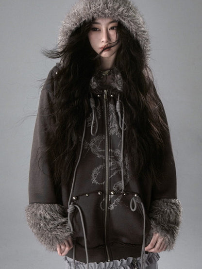 Fur Boa 2way Draw String Übergroße Dragon Parka