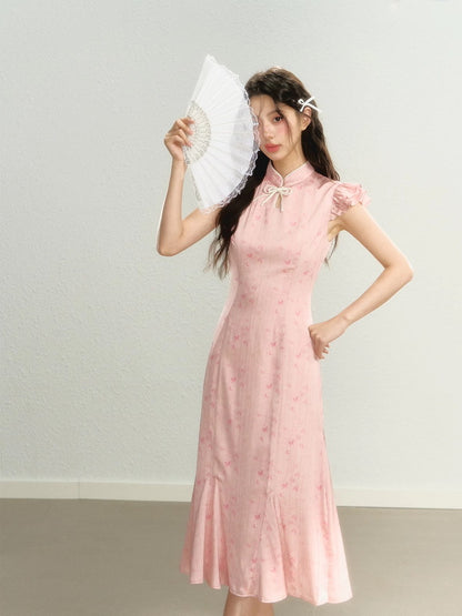 China Flower Frill-Sleeve Long Retro Dress