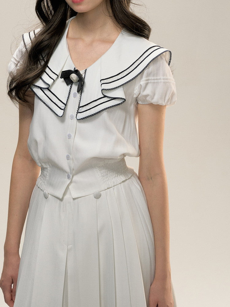 Bi-Color Ribbon Sailor-Collar Puff-Sleeve College Blouse＆Skirt