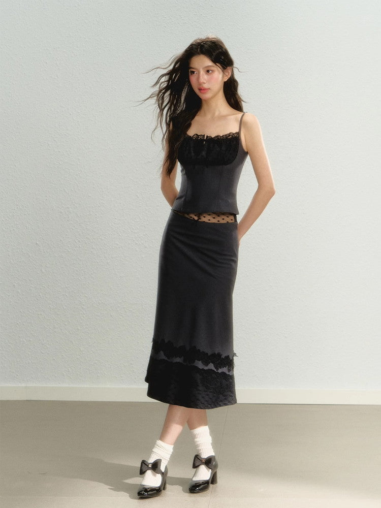 Set-Up Lace Ribbon Feminine Camisole＆Long-Skirt