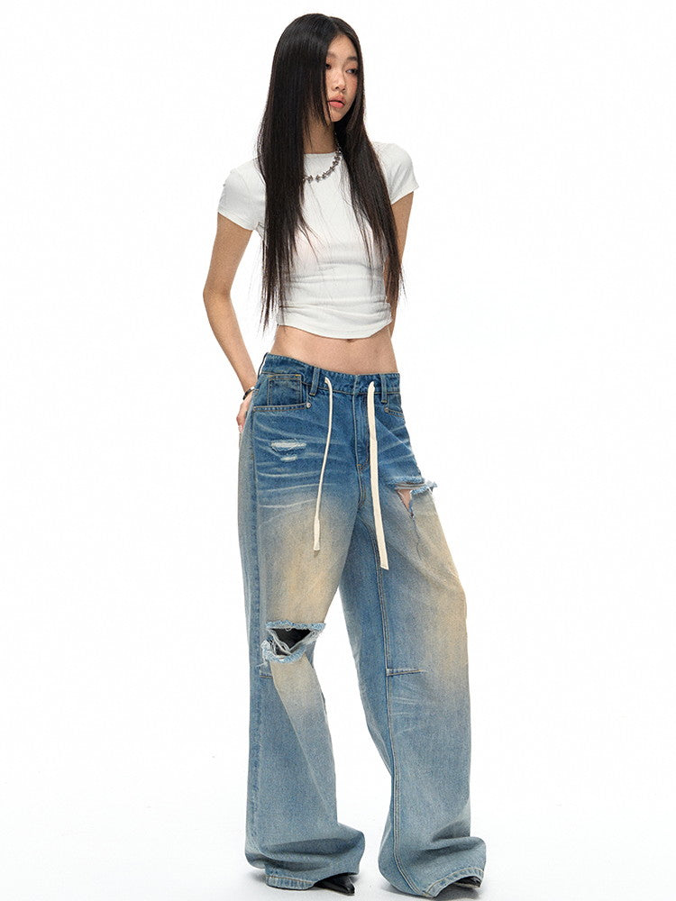 Damage Crush Straight Loose Wide Faded Denim-Pants