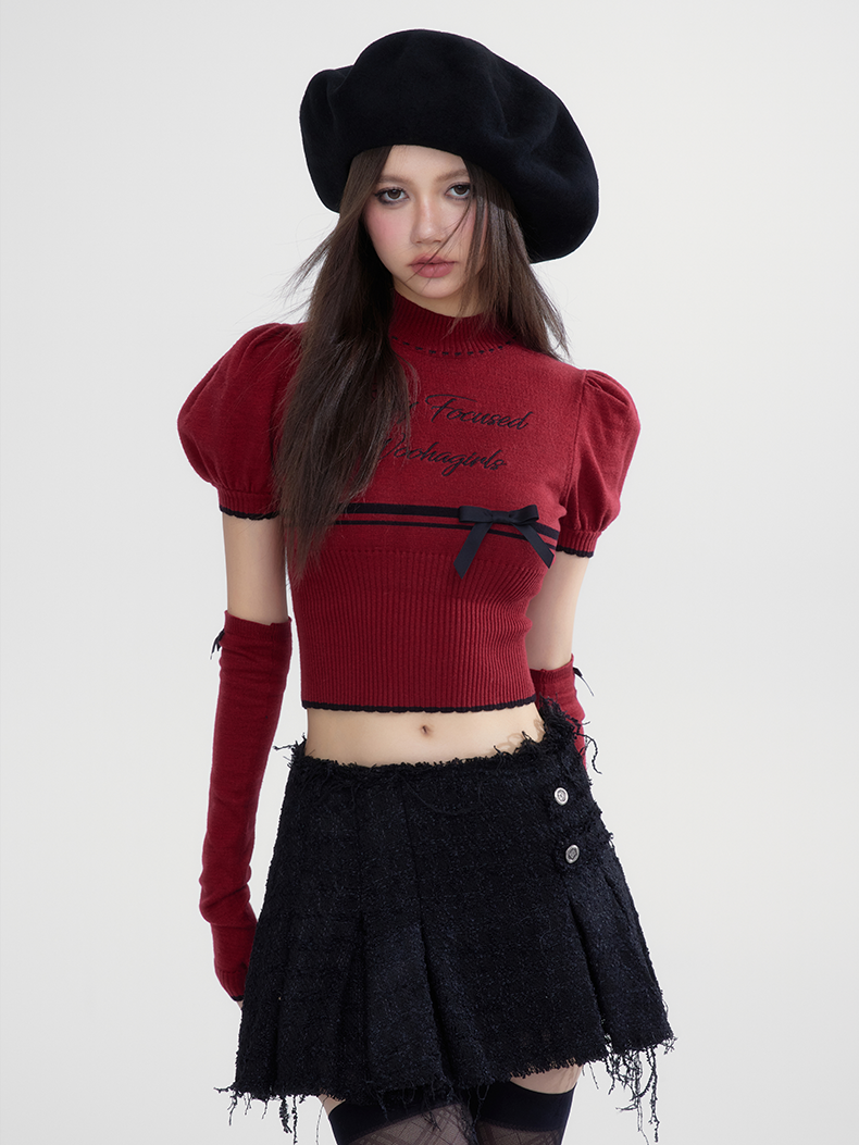 Puff-Sleeve Short Cute Letter Short Arm-Sleeve &amp; Tops