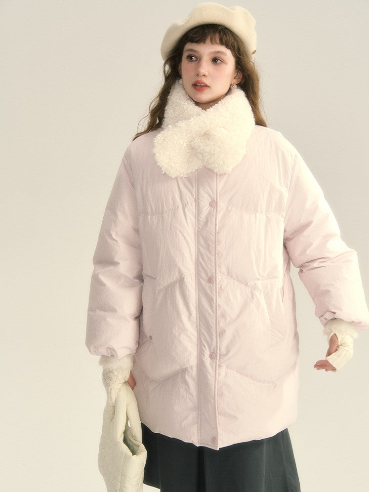 Cotton Boa-Muffler Pale-Tone Cute Oversize Quilting Jacket