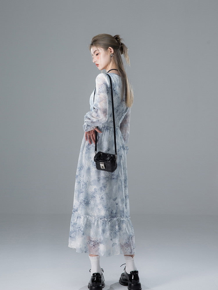 Tie-Dye Flower Tiered Square-Neck Sheer Long Dress