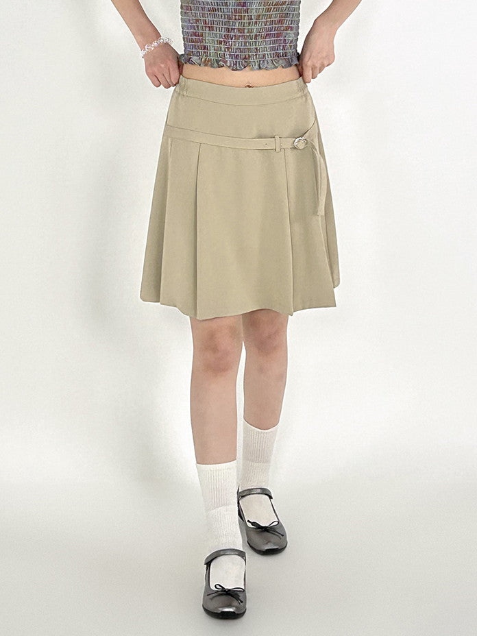 Box-Pleats Simple Belt Casual Middle Plain Skirt