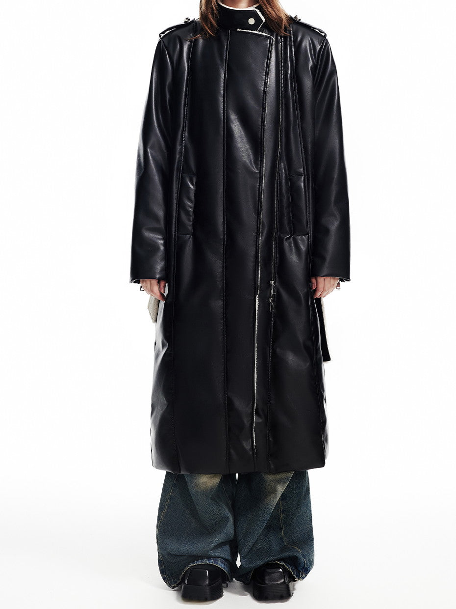 Leather High-End Boa Stand-Collar Plain Overzie Zip Long-Coat