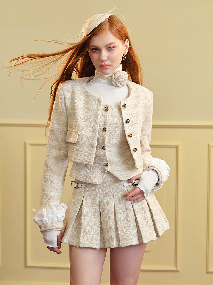 Tweed Lace Feminine Cute Jacket&amp;Vest&amp;Mini-Skirt&amp;Long-Skirt