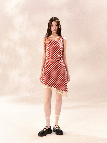 Checked Girly Asymmetry Lace Shoulder-Ribbon Dress