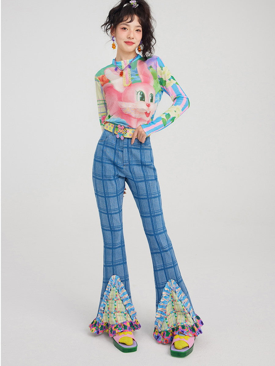 Denim Checked Nichi Frill Flower Fancy Flare-Pants