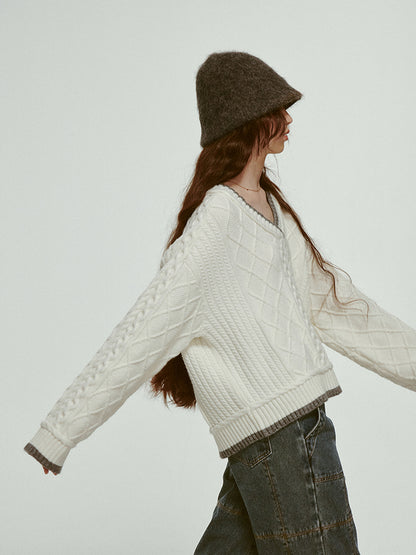 Oversize V-Neck Casual Loose Bi-Color Cable-Knit