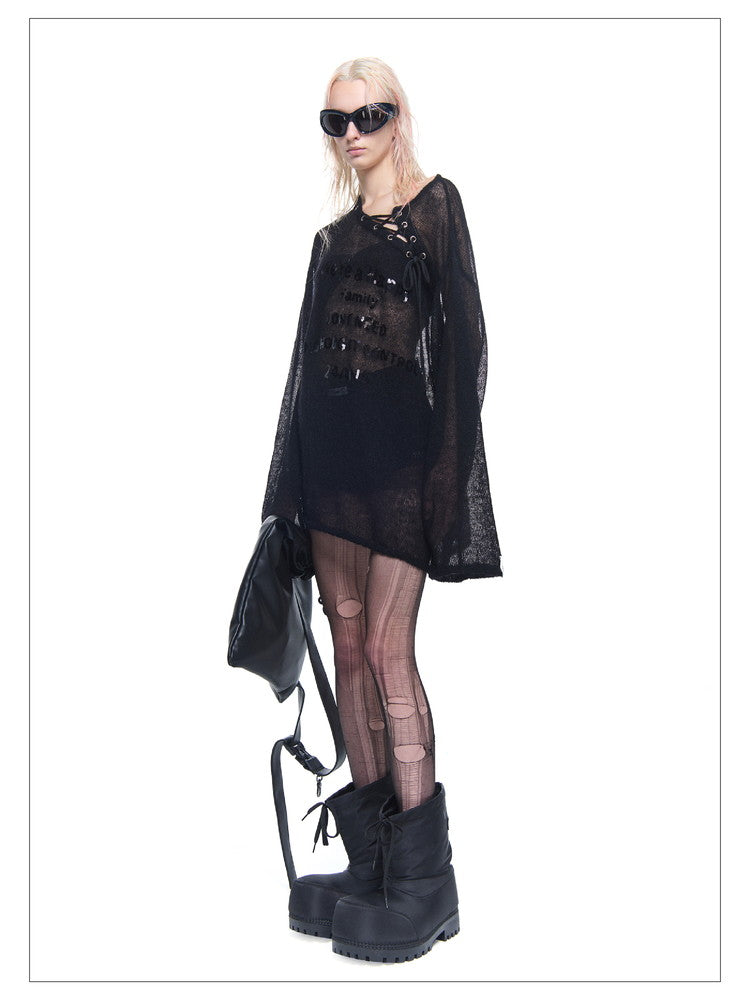 Mesh See-Through Asymmetry Lace-Up Oversize Tops