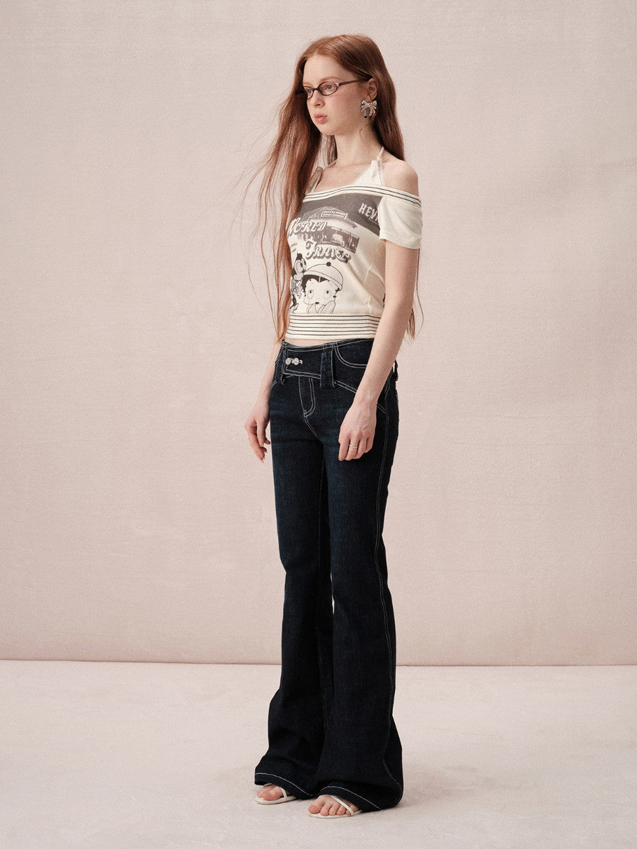 Denim Casual Simple Basic Flare-Pants