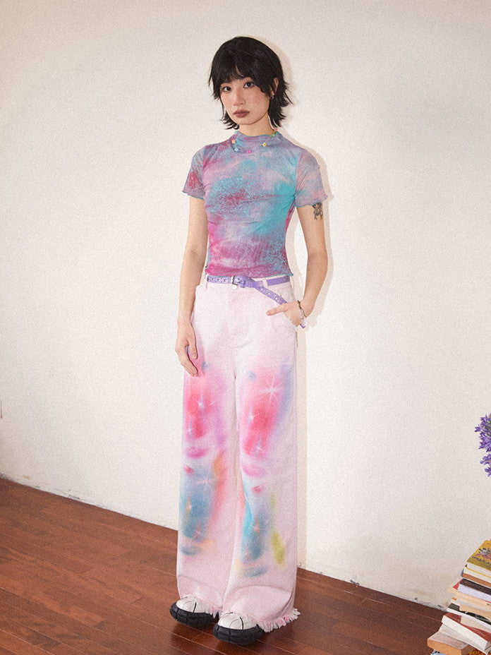 Tie-Dye Pale-Tone Damage Cotton-Candy Tassel Casual Straight Denim-Pants