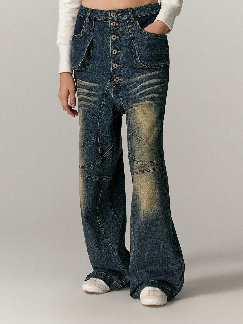 Denim Beard Washed Straight High-Waist Pants