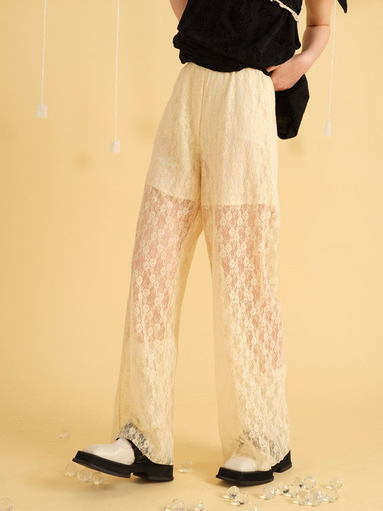 Flower Straight Lace Sheer Feminine Loose Pants