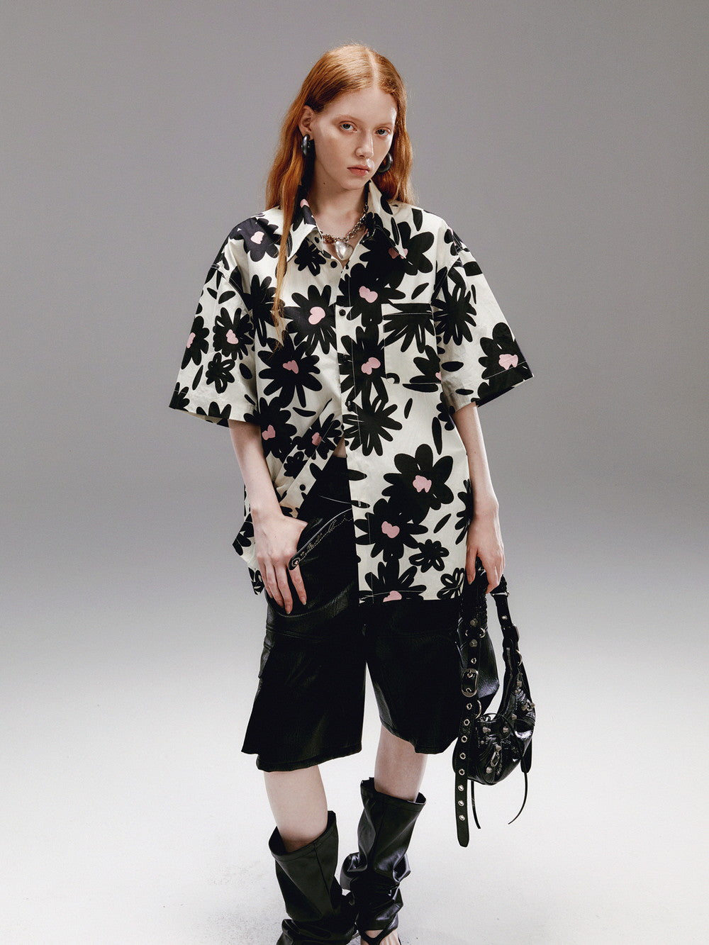 Unisex Flower Monochrome Retro Oversize Shirt