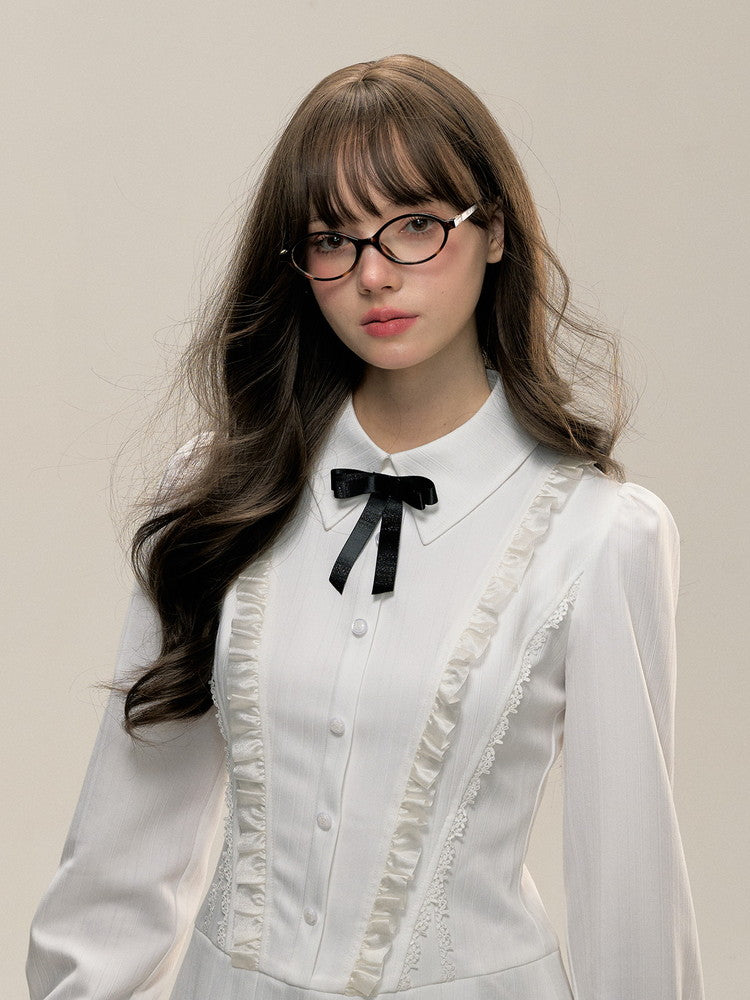 Shirt Frill Lace Ribbon Box-Pleats Dress