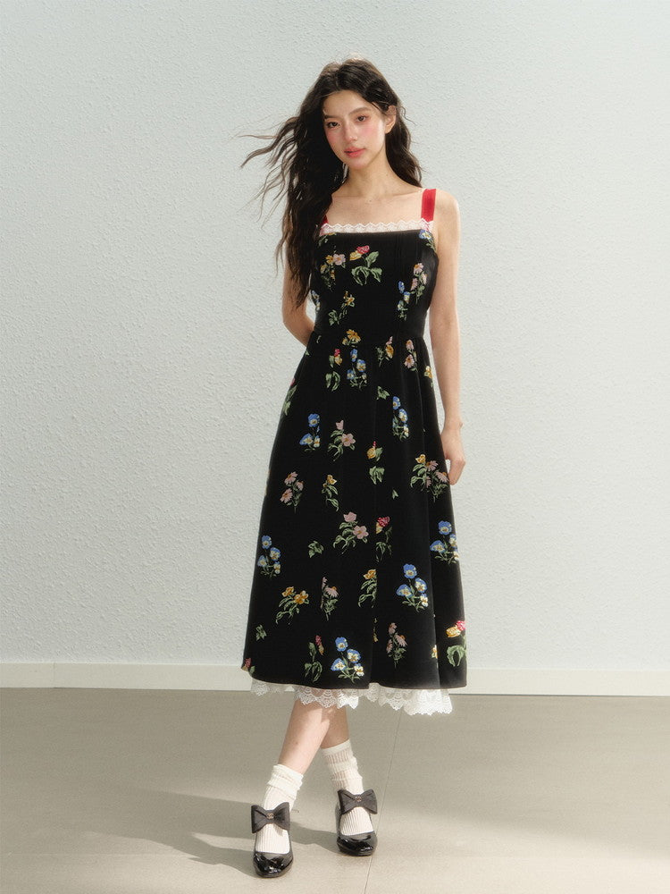 Shoulder-Ribbon Long Flower Lace Feminine Dress