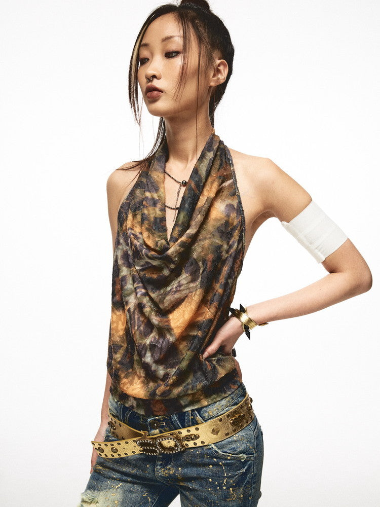 Halter-Neck Back-Open Drape Tie-Dye Loose Tops