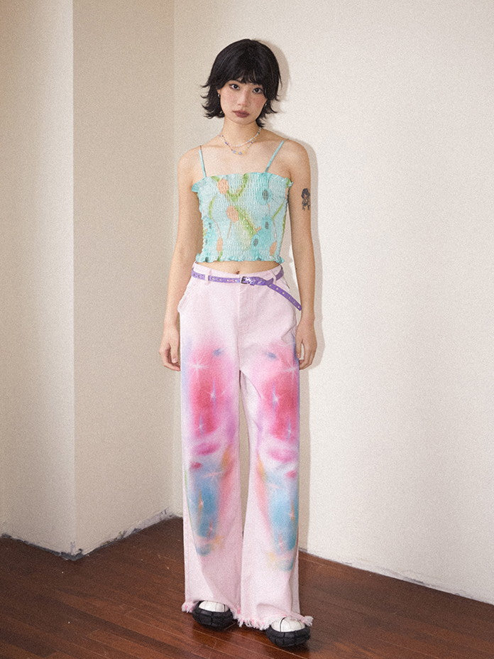 Tie-Dye Pale-Tone Damage Cotton-Candy Tassel Casual Straight Denim-Pants