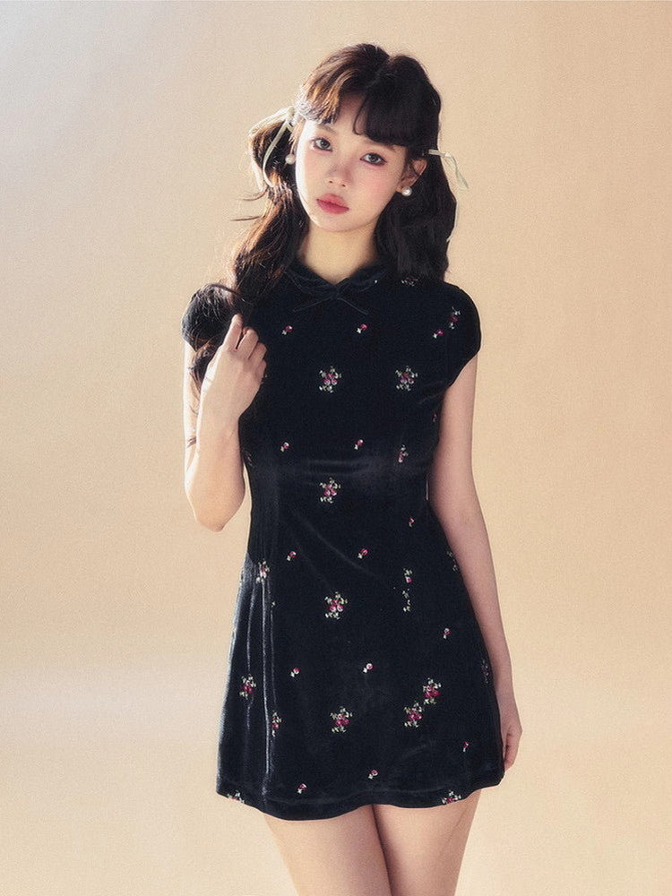 Velvet Short Embroidery Flower China Puff-Sleeve Dress