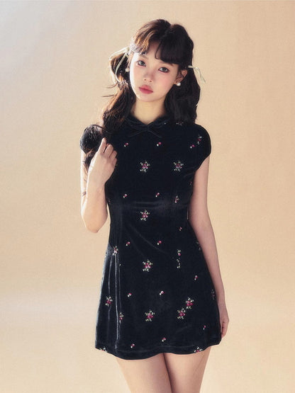 Velvet Short Embroidery Flower China Puff-Sleeve Dress