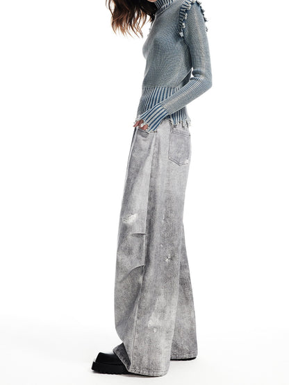 Denim Vintage Crush Pale Loose Damege Wide-Pants