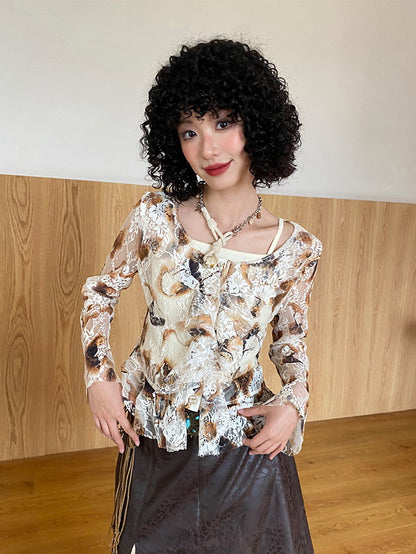 Set-Up Lace See-Through Retro Flower Frill Blouse