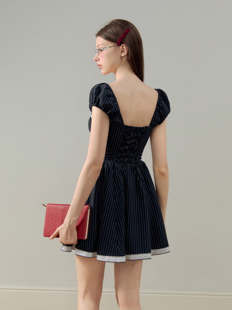 Stripe Square-Neck Puff-Sleeve Lace Girly Flare Dress