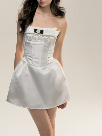 Satin Bare-Top Fluffliy Slim Short Dress＆bolero