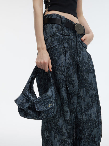 Denim Embroidery Flower Wide-Leg Casual Pants