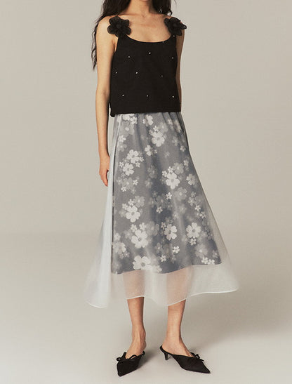 Layered See-Through Flower Ciffon Sheer Flare Chic Long-Skirt