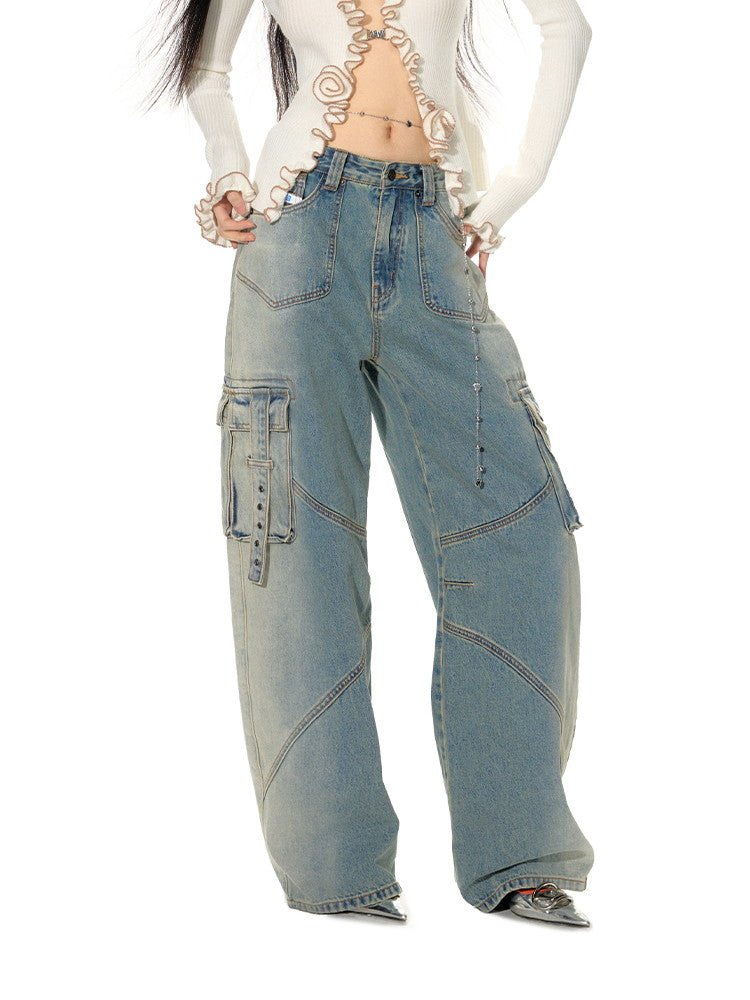 Denim Wide-Leg Straight Casual Side-Pocket Belt Pants