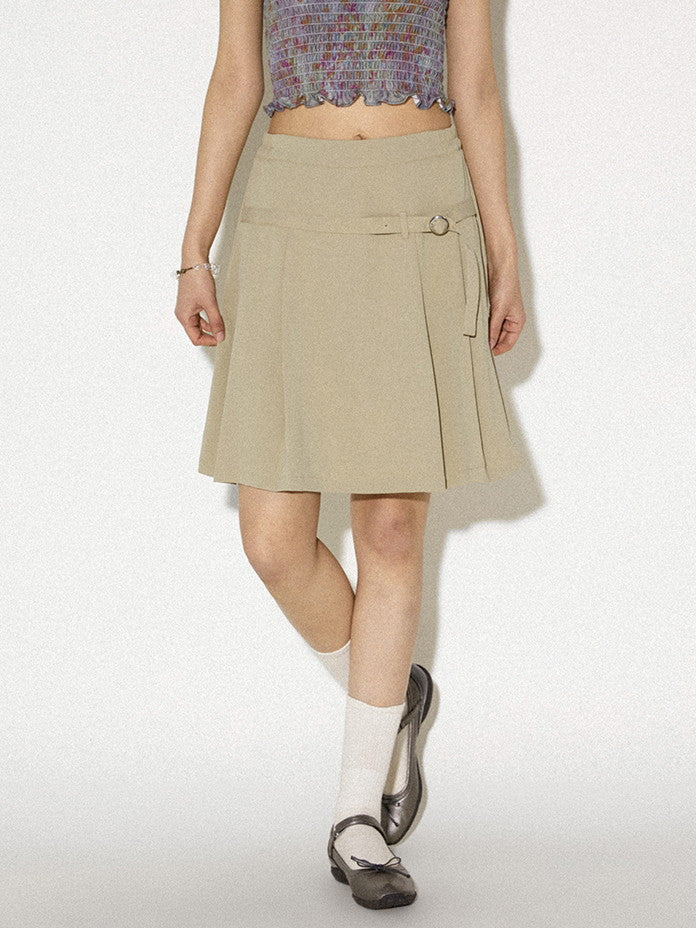 Box-Pleats Simple Belt Casual Middle Plain Skirt