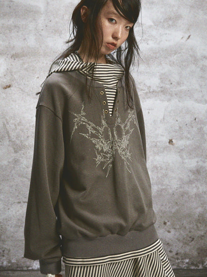 Fake-Layered Print Border Hoodie Casual Oversize Pullover